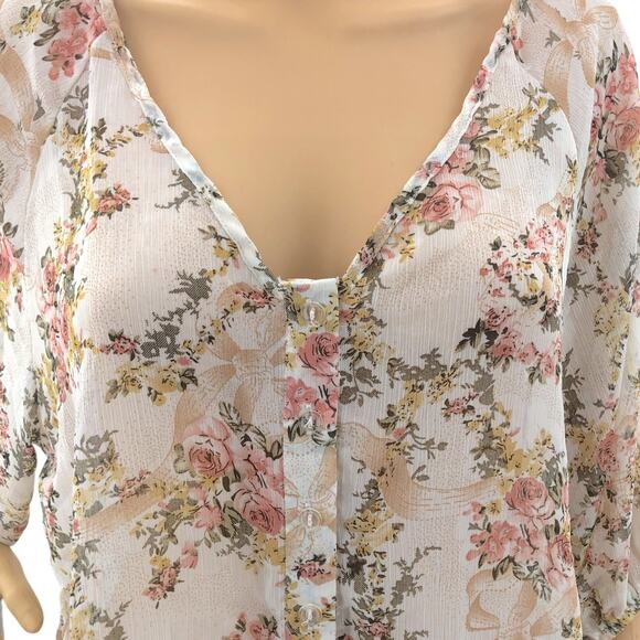 Poetry SMALL Cream Peach Floral Sheer Lace Back Peasant Boho Blouse Crop Top - Picture 2 of 5